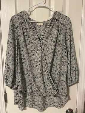 Max Studio Navy and White Floral Wrap-Style Tunic